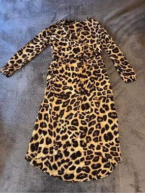 Leopard Print Wrap Midi Dress - Tan & Black